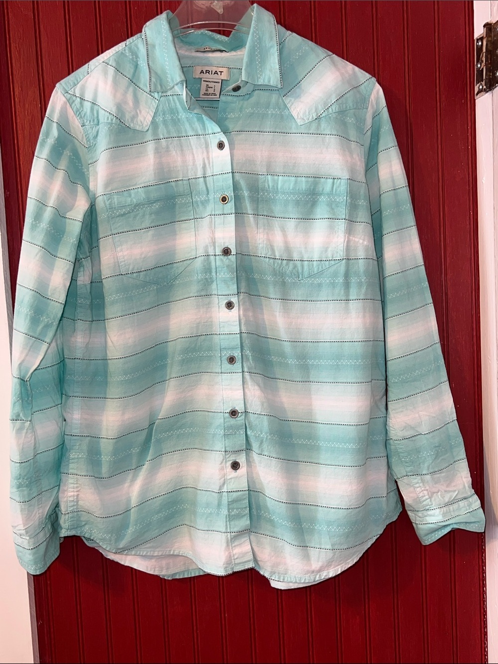 Ariat Mint & White Striped Cotton Western Button-Down L